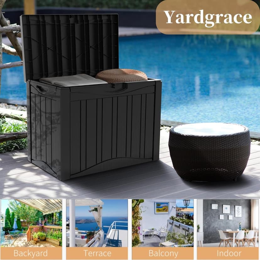 45 Gallon Heavy Duty Outdoor Deck Box with Lockable Lid, All Weather Waterproof Storage for Patio Cushions, Pool Toys, Garden Tools - Rust-Proof Resin Design (Black)
