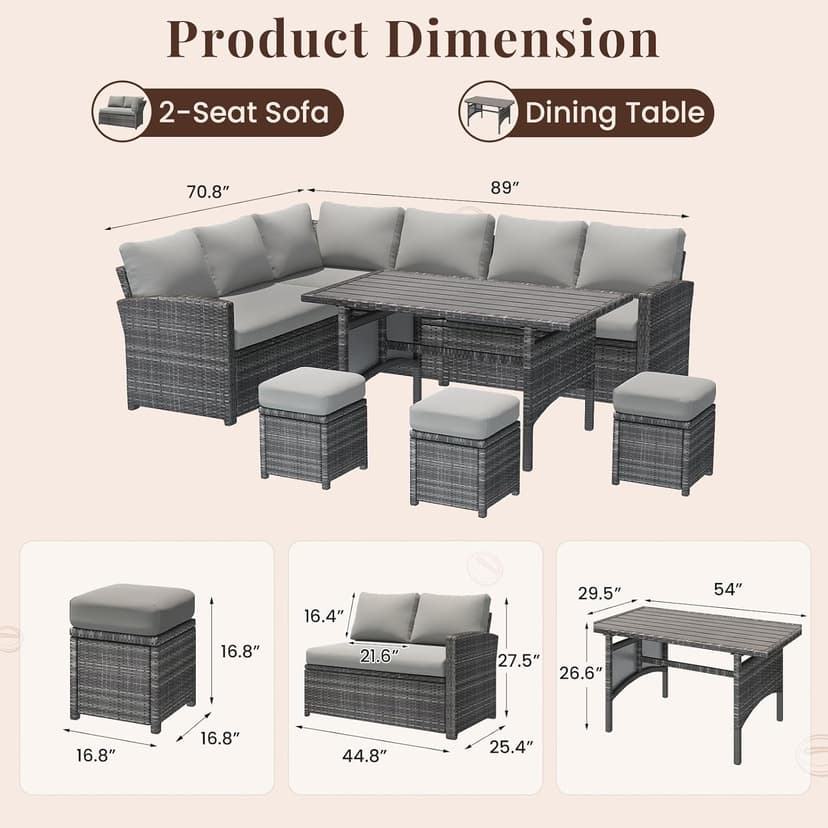 U-MAX 7 Pieces Patio Furniture Set with 43 Inch Fire Pit Table, Outdoor Sectional Sofa Conversation Set, All Weather Wicker Rattan Dining Table & Chair with Ottoman, Grey Rattan&Grey Cushion