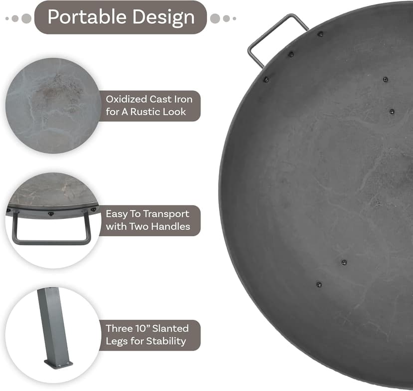 Sunnydaze 34-Inch Cast Iron Heavy-Duty Fire Pit for Outside - Wood-Burning Outdoor Fire Pit Bowl with Handles - Steel Finish