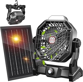 10400mAh Solar fan, Camping Fan with Solar Panel, 7W Rechargeable Solar Powered for Outside, LED Lantern, Stepless Speed and Quiet Battery Operated for Picnic, Barbecue, Fishing, Travel