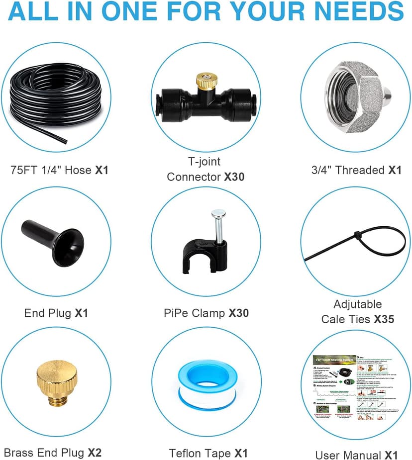 Bonviee Misters for Outside Patio, 75FT (23M) Patio Misting System, Outdoor Misters for Patio Cooling, 28 Brass Mist Nozzles, 3/4" Adapter, DIY Water Misters for Cooling Outdoor Garden Greenhouse