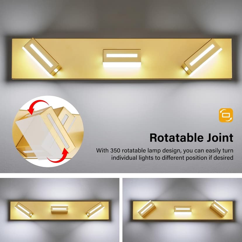 LED Modern Bathroom Vanity Light Fixtures (3-Light, 24-Inch), Acrylic Gold Bathroom Wall Lighting Fixtures Over Mirror (Cool White 6000K) with Rotatable Vanity Lights Heads