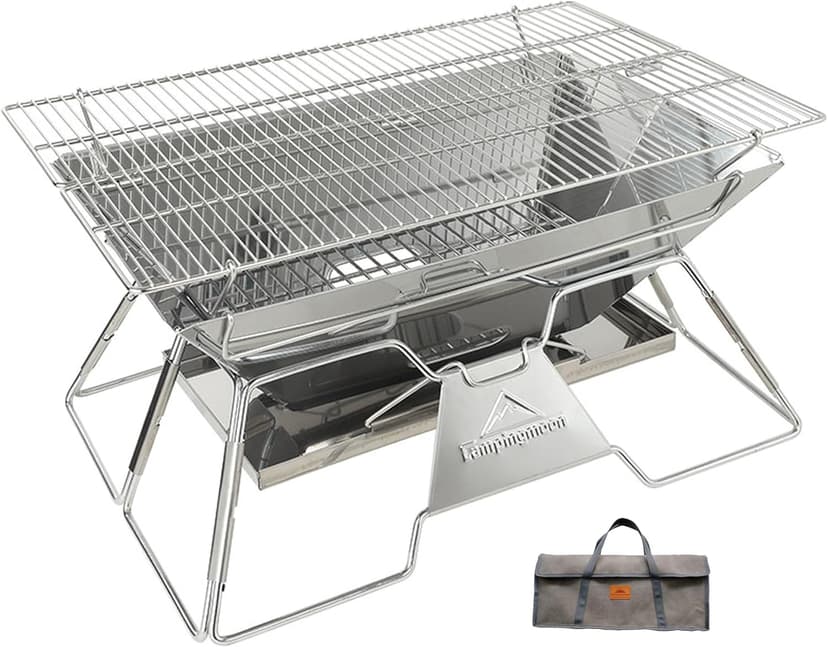 CAMPINGMOON Portable Camping Fire Pit Stainless Steel Foldable Collapsible BBQ Grill Wood Burning Charcoal 20x13-inch with Carrying Bag MT-3