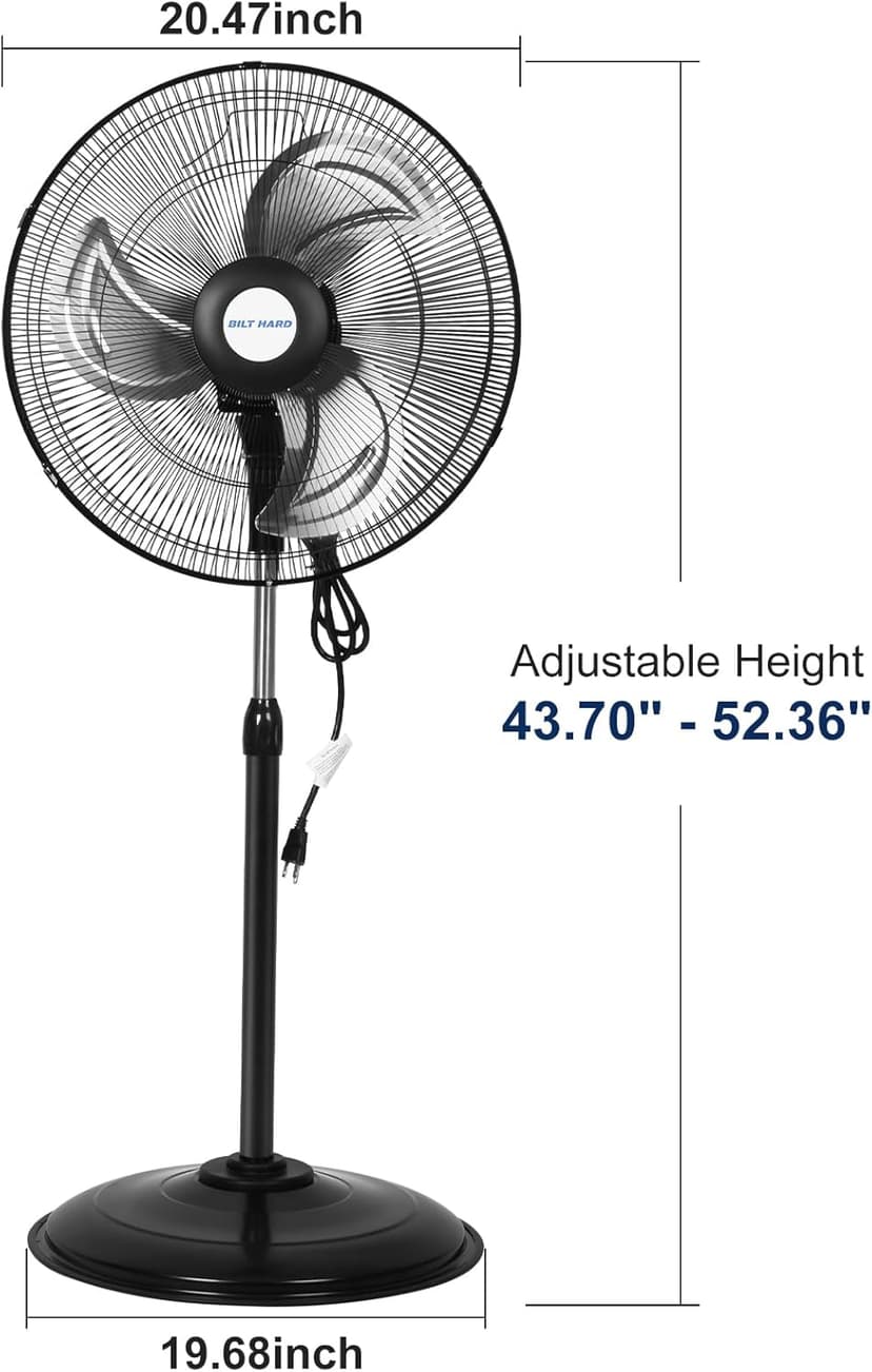 BILT HARD 3900 CFM 18" High Velocity Pedestal Oscillating Fan, 3-Speed Heavy Duty Metal Standing Shop Fan with Aluminum Blades for Commercial, Residential, and Garage, UL Listed