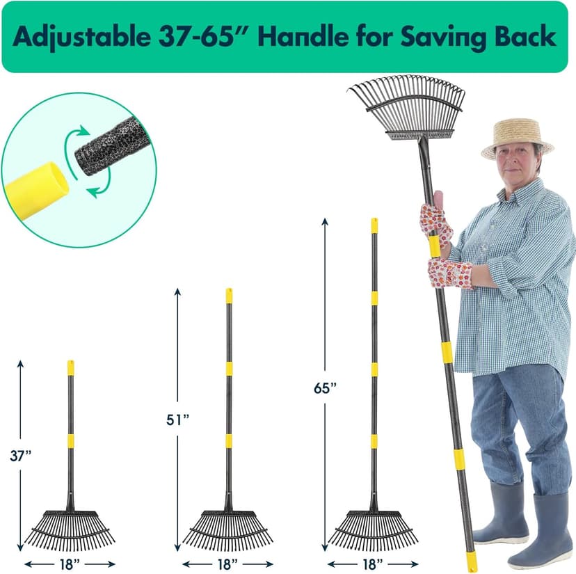 Rake - 65 Inch Long Garden Leaf Rake, 18 Inch Wide Heavy Duty Leaf Rakes for Shrub with 25 Metal Tines,Yard Thatching Rakes with Ergonomics Adjustable Handle for Picking Leaves,Grass Clippings Garbage