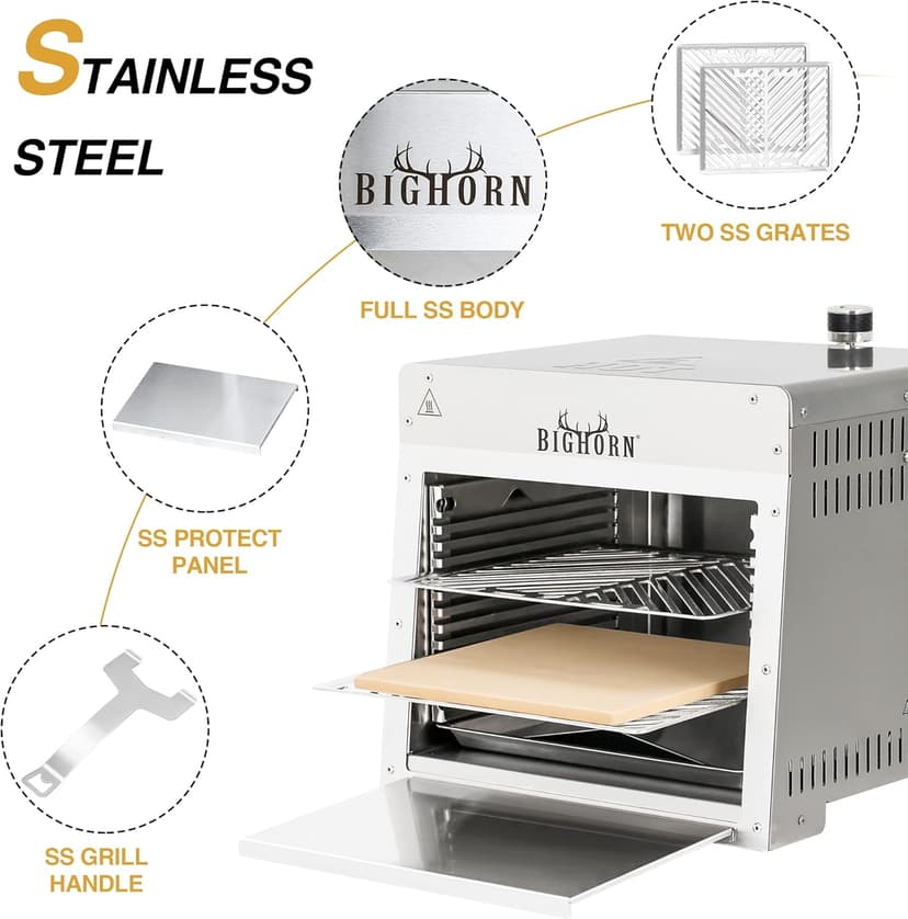 BIG HORN OUTDOORS Infrared Portable Propane Grill – 1500°F Steak Broiler, Sear Station with Pizza Stone, Salamander BBQ Grill, Small Stainless Steel Gas Grill