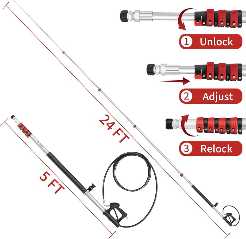 24 FT Gutter Cleaning Tools from The Ground - Telescoping Pressure Washer Wand - Gutter Cleaner Attachment with Power Washer Extension Wands, 7 Spray Nozzle Tips, 2 Hose Adapters and Support Belt