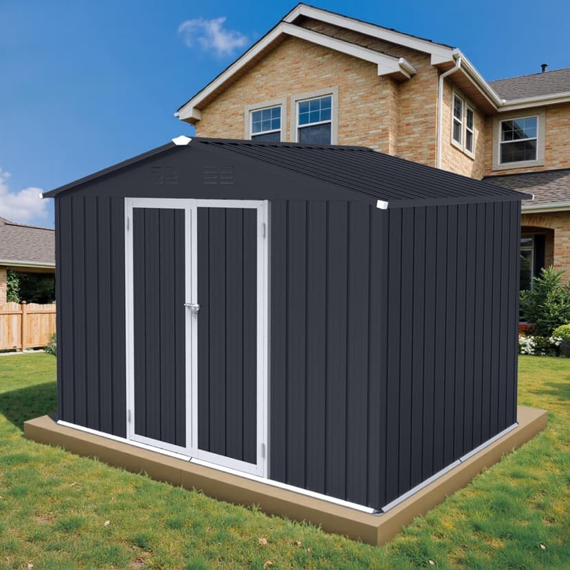 8' x 6' Outdoor Storage Shed with Base Kit, Sturdy Metal Building w/Lockable Doors for Garden, Backyard, Poolside and Lawn, Black