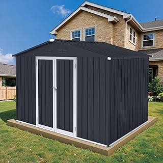 8' x 6' Outdoor Storage Shed with Base Kit, Sturdy Metal Building w/Lockable Doors for Garden, Backyard, Poolside and Lawn, Black