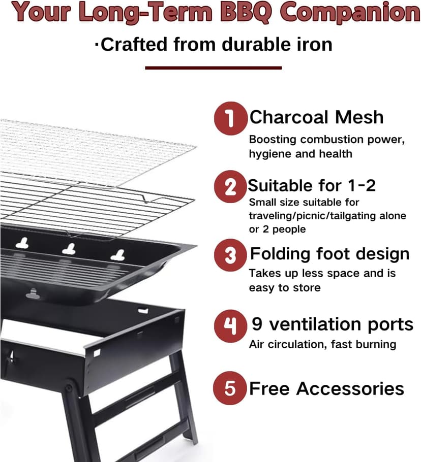 Portable Charcoal Grill Kit - 17.3" Folding BBQ Grill, Adjustable Heights,5 Skewers, 1 Spatula, 1 Fork, Mini Tabletop Grill, Small Grill Outdoor for Camping, Grilling Backyard, RV, Tailgating, Picnic