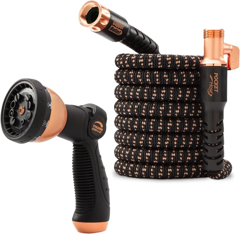Pocket Hose Copper Bullet Expandable Garden Hose 50 FT w/10 Pattern Thumb Spray Nozzle AS-SEEN-ON-TV 650psi 3/4 in Patented Lead-Free Ultra-Lightweight Solid Copper Anodized Aluminum Fittings No-Kink