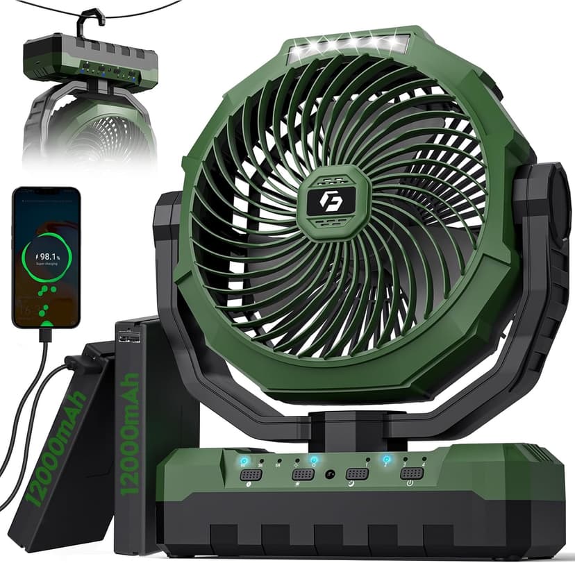 FRIZCOL 3-in-1 Camping Fan - Portable Fans Rechargeable - 24000mAh 9-Inch Battery Powered Fan(140Hrs) with Light & Remote for Indoor, Outdoor, Tent, Travel, BBQ, Fishing, Jobsite - Green