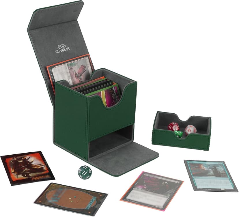 AEGIS GUARDIAN Card Deck Box with Dice Tray for MTG Cards, Commander Deck Box fit 150+ Sleeved Cards, PU Leather Card Storage Box Strong Magnet Deck Game Case for TCG CCG, Green
