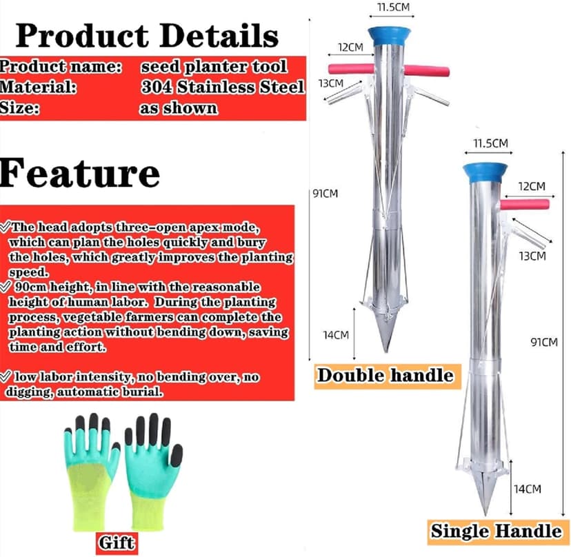 Bulb Planter Tool,2024 New Stainless Steel Planting Garden Tools, Multifunctional Garden Tool,Multi Functional Vegetable Seedling Transplanter,for Plant Bulb Seeds (Single Handle), silver