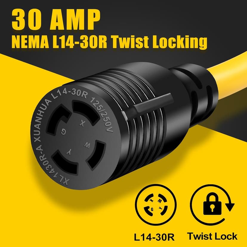 30 AMP Generator Transfer Switch Adapter Cord, Heavy Duty STW 10 Gauge NEMA TT-30P Male to L14-30R Female, 3 Prong to 4 Prong Generator Adapter Plug Twist Lock to House Inlet Box,1.5FT