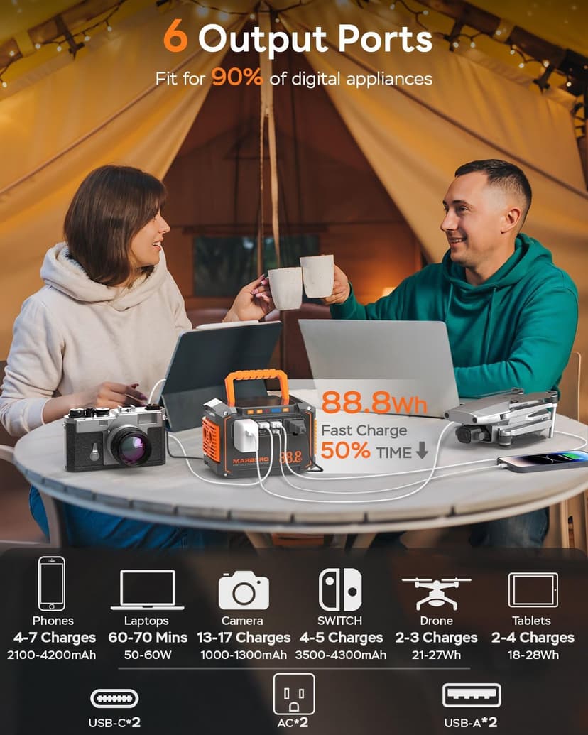 MARBERO Portable Power Station 88.8Wh Solar Generator 150W Peak Lithium Battery Backup Power Bank with LED Light for Home Outdoor Travel Emergency RV Off-Grid Living (Solar Panel Optional)