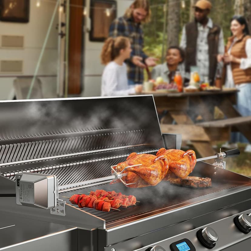 TURBRO Stainless Steel Rotisserie Kit for Gas Grills with A Cookbox up to 39’’ - Includes 4W Electric Motor, 34’’ - 45’’ × 5/16" Square Spit Rod, Meat Forks, Counterweight - for Outdoor BBQ