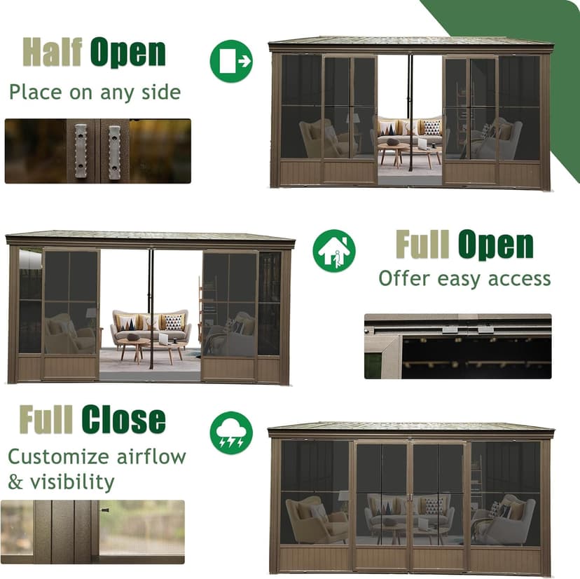 Domi 10’ x 12’ Sunroom, All-Season Wall Mounted Gazebo Solarium with Front Door, Side Entrance, Galvanized Steel Sloping Roof, PVC Screen, Outdoor Permanent Sun Room Lean to Gazebo for Deck Patio