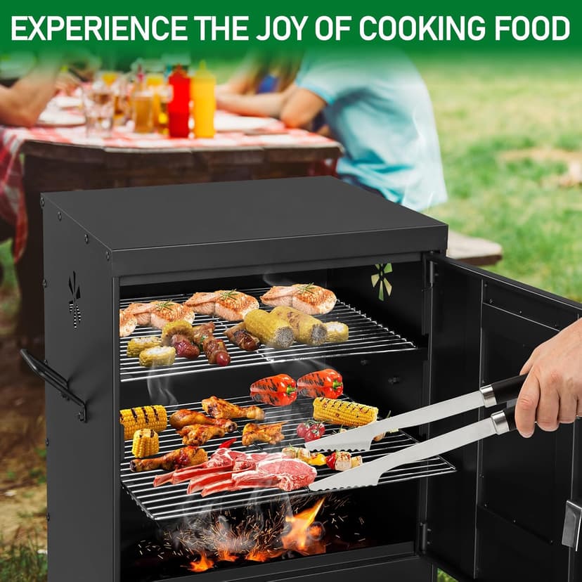Outvita Outdoor Smoker with Double Doors, Vertical Charcoal Smoker, Outdoors Charcoal Barbeque with 2 Detachable Grill Netting Smoking Racks, Suitable for Lawn Picnic, Backyard BBQ, Black