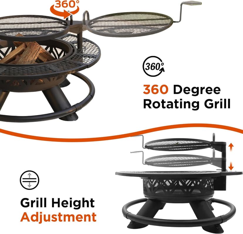 Red Mountain Valley 47" Outdoor Fire Pit with Adjustable Grill, 2-in-1 Large Wood Burning Round Fire Pits, Metal Outdoor Fireplaces, Round Metal Table for Patio, Backyard, Black