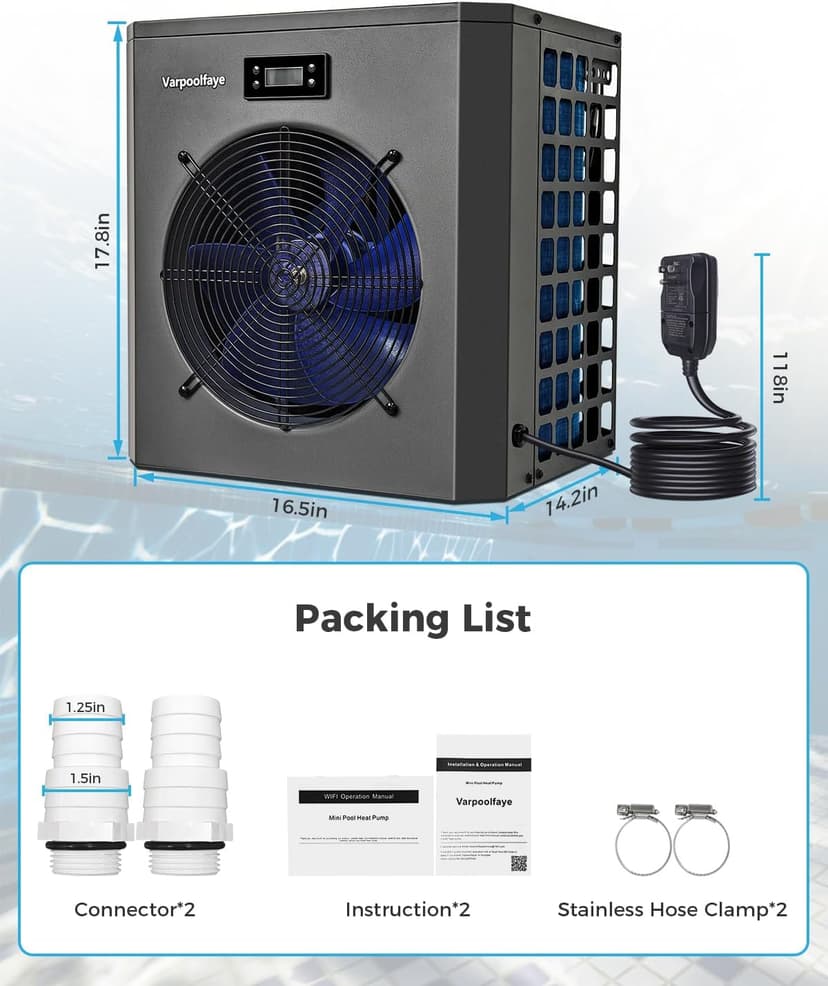 16000 BTU Swimming Pool Heat Pump 5000 Gallon Electric Pool Heater for Above Ground Pool 5KW Heating or Cooling WiFi Control Timer Pool Heater 120V 60Hz
