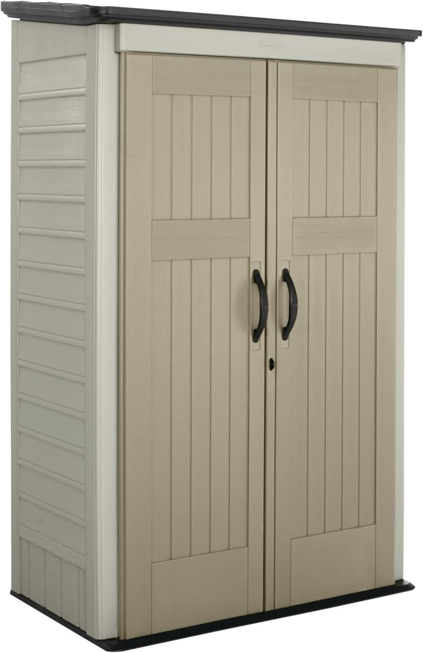 Rubbermaid Vertical Resin Outdoor Storage Shed With Floor (4 x 2.5 Ft), Weather Resistant, Beige/Brown, Organization for Home/Backyard/Pool Chemicals/Toys/Garden Tools/Porch/Patio Cushions