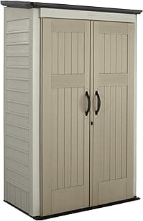 Rubbermaid Vertical Resin Outdoor Storage Shed With Floor (4 x 2.5 Ft), Weather Resistant, Beige/Brown, Organization for Home/Backyard/Pool Chemicals/Toys/Garden Tools/Porch/Patio Cushions