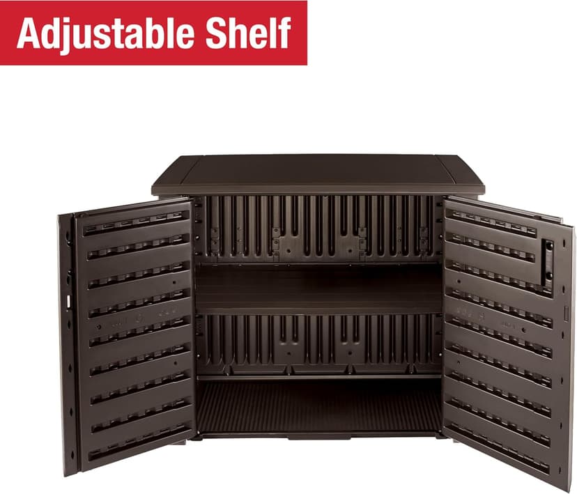 Rubbermaid Decorative Outdoor Storage Cabinet (123 Gal), Weather Resistant, Brown, Organization for Home/Backyard/Pool Chemicals/Toys/Garden Tools/Porch/Patio Cushions