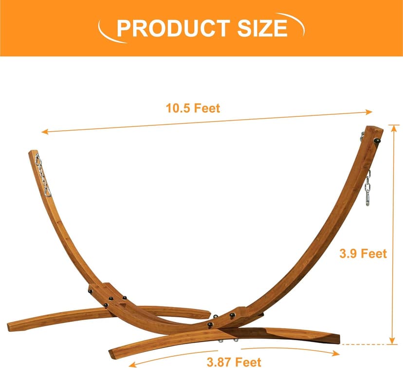 Lazy Daze Hammocks 10.5 FT Outdoor Arc Wood Hammock Stand, 2 Person Russian Pine Hardwood Hammock Stand with Carabiners and Chains, for Outdoor Patio Garden Poolside, 300lb Capacity,Brown