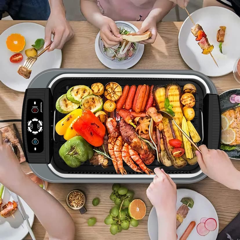Techwood Indoor Grill Smokeless Grill, 1500W Indoor Korean BBQ Electric Tabletop Grill with Tempered Glass Lid, Removable Grill and Griddle Plates with Drip Tray, Gray