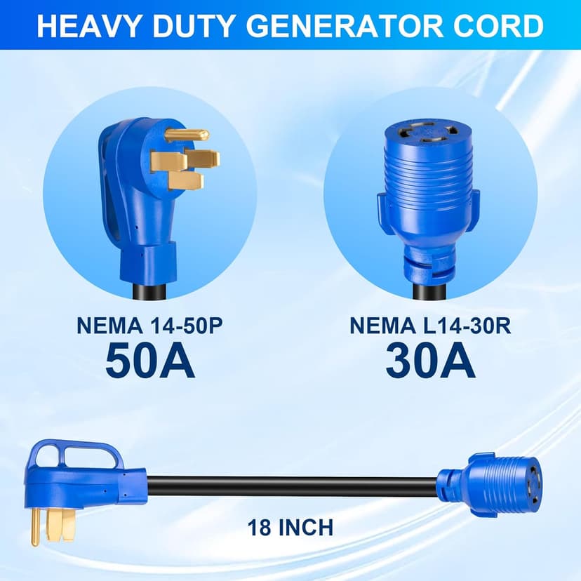 NEMA 14-50P to L14-30R Generator Transfer Switch Adapter Cord, 50A Male to 30A Female 250V/125V Generator RV EV Dryer House Adapter Plug, Twist Lock 4-Prong, STW 10AWG Heavy Duty Cable, 18 Inch