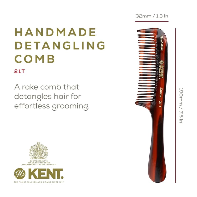 KENT 21T 8 Inch Large Hair Detangling Comb, Wide Teeth for Thick Curly Wavy Hair. Long Hair Detangler Comb For Wet and Dry. Handmade of Quality Cellulose, Saw-Cut Hand Polished, Made in England