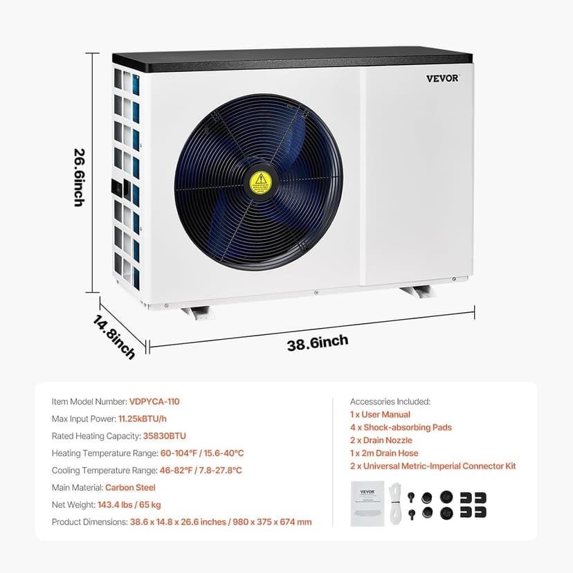 VEVOR Electric Pool Heat Pump, 35830 BTU, Pool Heaters for 6605-13209GAL Above and In Ground Pools, Low Noise, Heating and Cooling Highly Efficient & Energy-Saving Pool Water Heater AC208-230V 60Hz