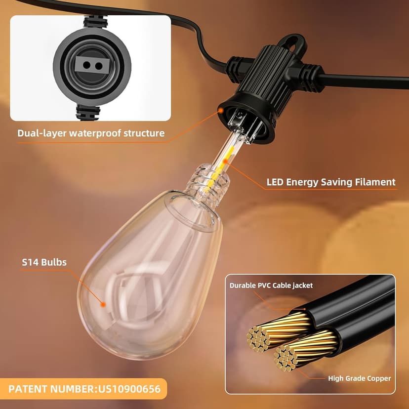 50FT LED Outdoor String Lights with 15 Shatterproof Edison Bulbs, 2700K Commercial Grade IP65 Waterproof Patio Lights, Heavy Duty Outside Hanging Lights for Backyard, Balcony, Garden, Porch