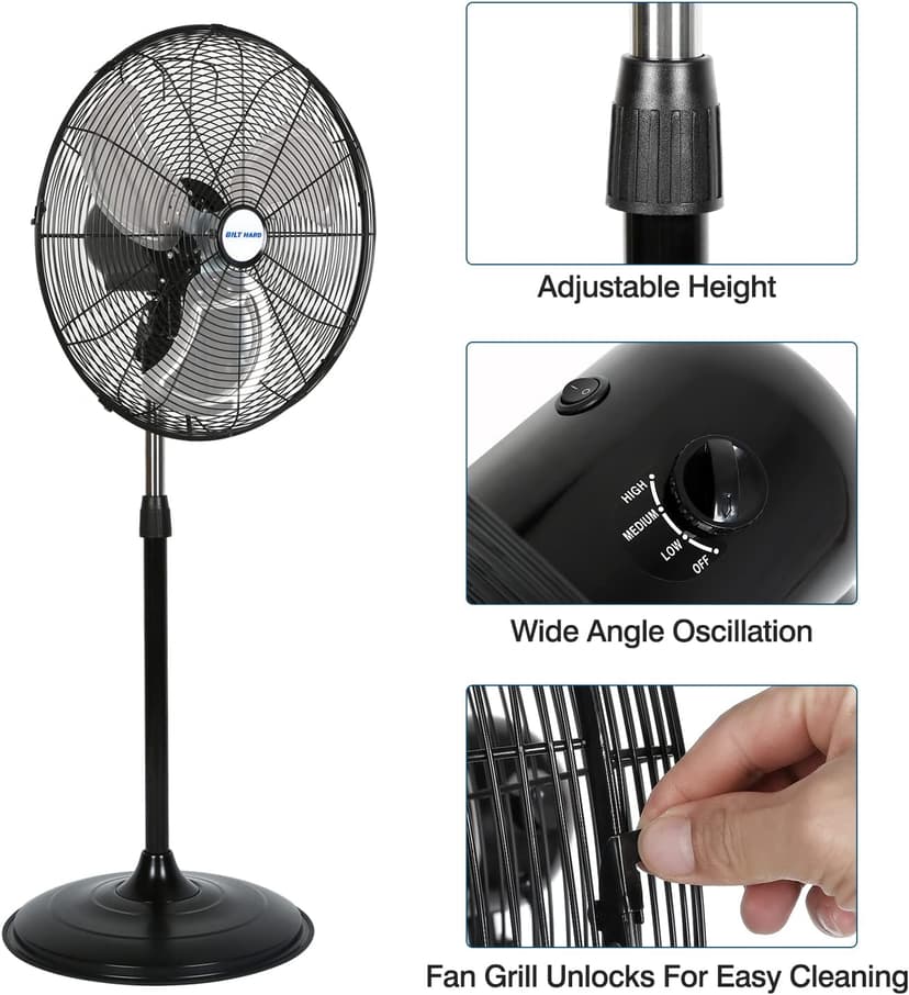 BILT HARD 5200 CFM 20" High-Velocity Industrial Pedestal Fan, 3-Speed Oscillating Stand Fan, Heavy Duty Metal Fan for Commercial, Warehouse, Garage Use
