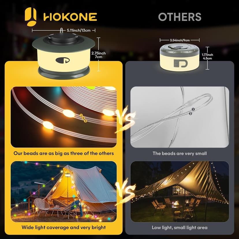 HOKONE Camping String Lights, 32.8FT 22 Lighting Modes Waterproof Rechargeable Quick Storage Portable Tent Lights Perfect for Spring Night Camping, Outdoor, Indoor, Party, Patio, Garden, Holiday Decor