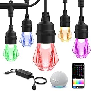 XMCOSY+ Smart Outdoor String Lights - 64ft RGBCWIC Patio Lights with 24 Color Changing Bulbs, LED String Light for Outside Backyard Bistro Party, APP WiFi Control, Work with Alexa, IP65 Waterproof