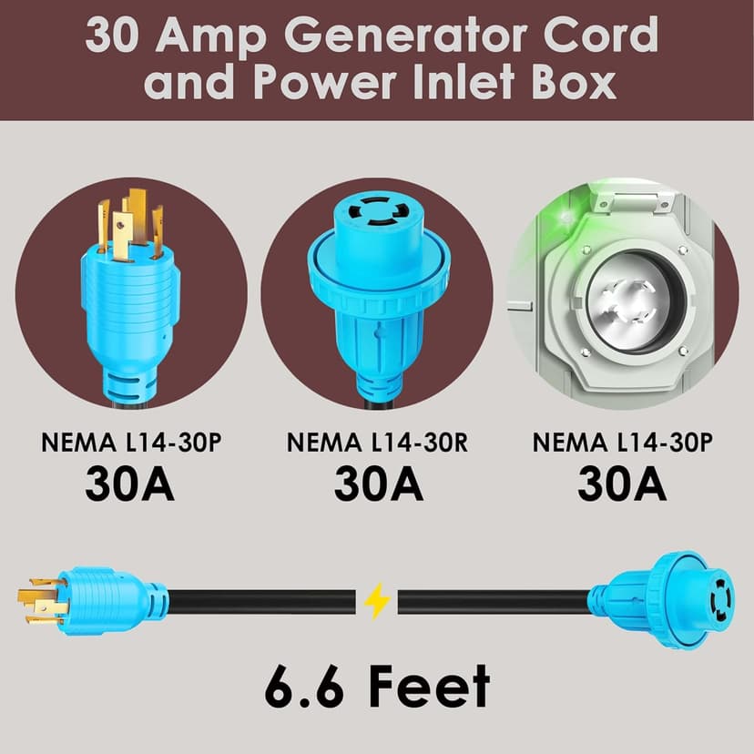 CircleCord 4 Prong 6.6 Feet 30 Amp Generator Extension Cord and Inlet Box with Locking Connector, Heavy Duty NEMA L14-30P/L14-30R, 125/250V 7500W 10 Gauge SJTW Generator to House Power Cord (6.6 Feet)