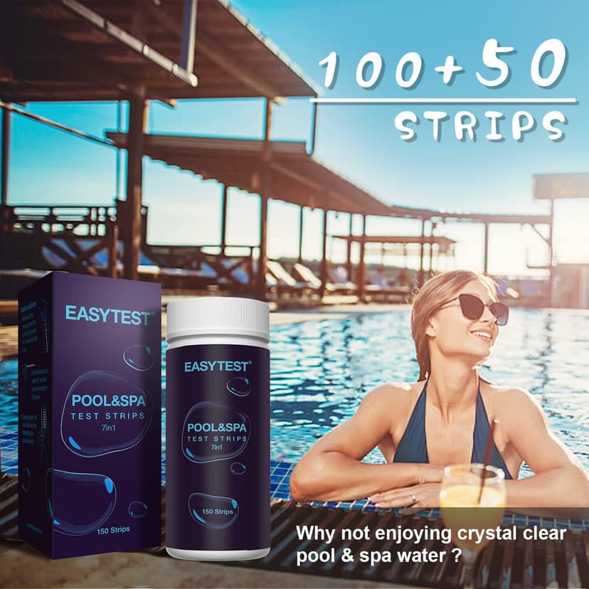 EASYTEST 7-Way Pool Test Strips, 150 Strips Water Chemical Testing for Hot tub and Spa, Accurate Test Bromine, Total Alkalinity, pH, Free Chlorine, Total Hardness, Cyanuric Acid, and Total Chlorine