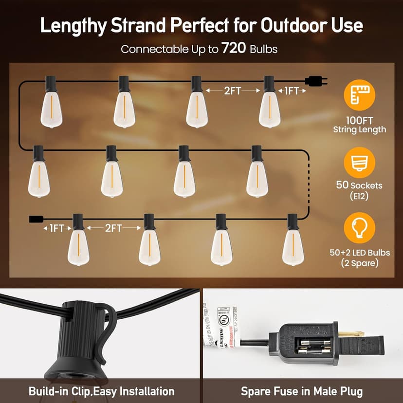 Outdoor String Lights 100 FT 52 Shatterproof LED Bulbs, UL Certified Patio Lights Outdoor Light Strings Waterproof for Patio Yard Outside Party Wedding, Connectable Dimmable 50 Sockets 2700K