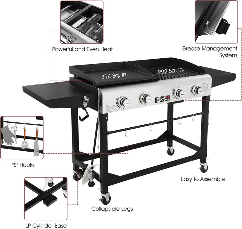 Royal Gourmet GD401 Portable Propane Gas Grill and Griddle Combo with Side Table | 4-Burner, Folding Legs,Versatile, Outdoor | Black 66 Inch