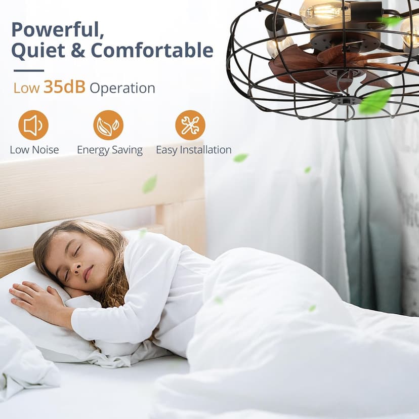 LEDIARY 20" Caged Ceiling Fans with Lights and Remote, Flush Mount Bladeless Ceiling Fan Low Profile, Small Farmhouse Industrial Enclosed Ceiling Fan with Light for Bedroom, Kitchen, Indoor