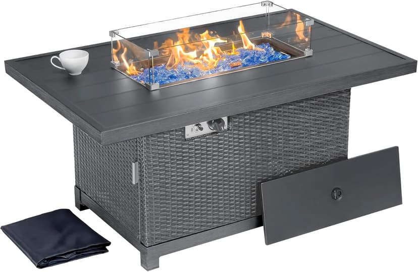 Kinger Home Novi Rattan 52-Inch Propane Gas Fire Pit Table with Rectangular Aluminum Frame - CSA Certified, 50,000 BTU Outdoor Patio Firepit, Includes Wind Guard and Fire Glass, Grey