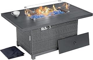Kinger Home Novi Rattan 52-Inch Propane Gas Fire Pit Table with Rectangular Aluminum Frame - CSA Certified, 50,000 BTU Outdoor Patio Firepit, Includes Wind Guard and Fire Glass, Grey