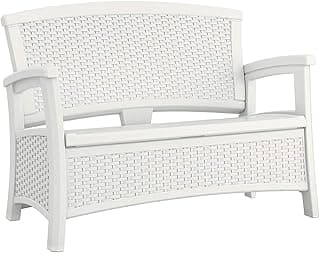 Suncast Elements Stylish Lightweight Loveseat Outdoor Seating with Convenient Built In Universal Storage, and All Weather Plastic, White