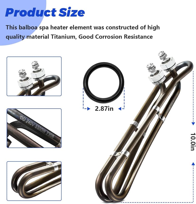 5.5KW 240V Titanium Hot Tub Spa Heating for Universal Heating Element Replacement for Flo-Thru, Also fit for Balboa Spa Heater Element and Spas Electric Heaters Or Swimming Pools -(10 inch)