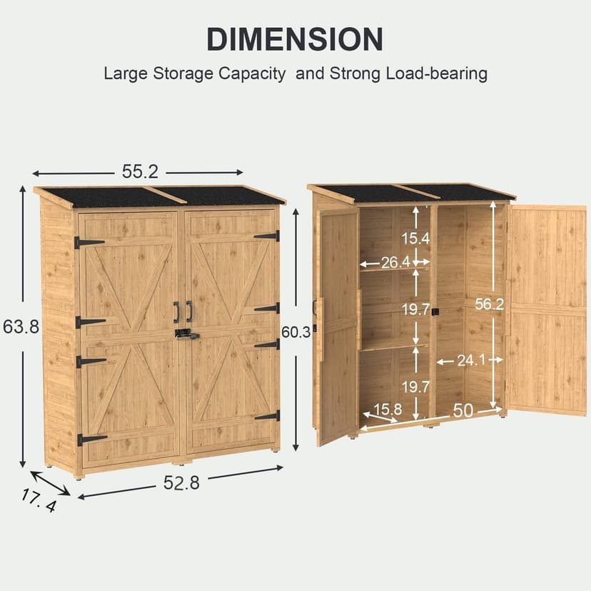 Gizoon Outdoor Storage Cabinet with Waterproof Roof, Double Lockable Doors Garden Shed with 2 Removable Shelves, Wooden Storage Shed with Large Storage Space for Patio, Garden, Backyard, Lawn