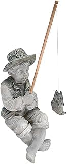 Design Toscano Frederic the Little Fisherman of Avignon Boy Fishing Garden Statue, 15 Inch Tall, Cast Stone Resin, Two Tone Stone Finish