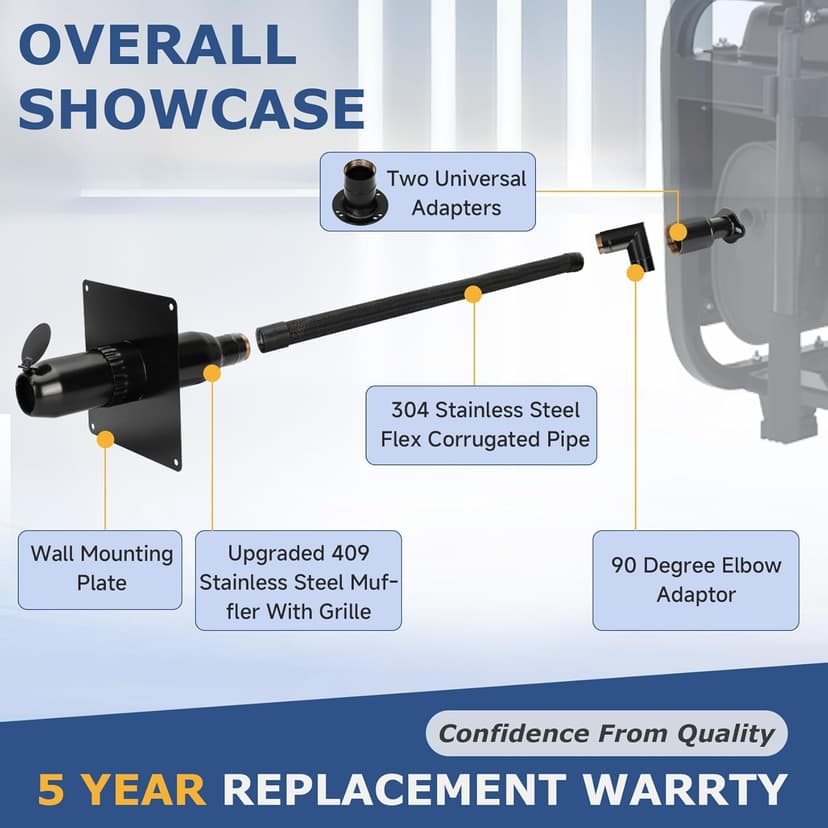 2025 Upgrade Generator Exhaust Extension Silencer Kit with Two Universal Adapters,Threaded Connector, Rain Cap and 90° Elbow–Leakproof, Weatherproof & Flexible Muffler Upgrade for Portable Generators