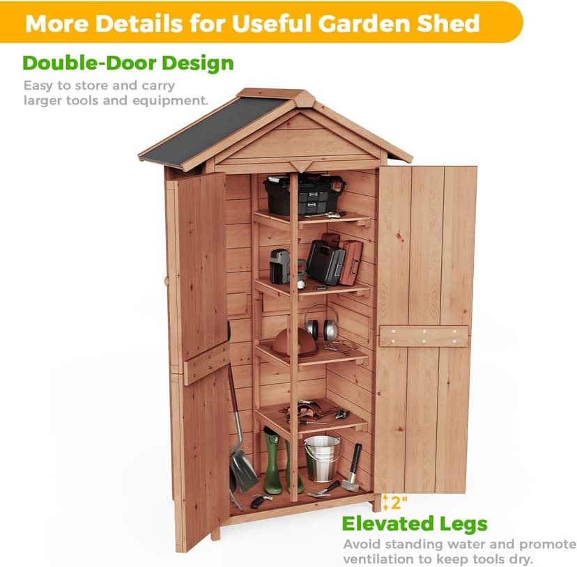 66" Outdoor Storage Shed with Double Doors, Large Wooden Capacity Storage Tool Cabinet Box with Waterproof Roof, Garden Wood Tool Shed for Yard Deck Lawn Farmland (Cherry)
